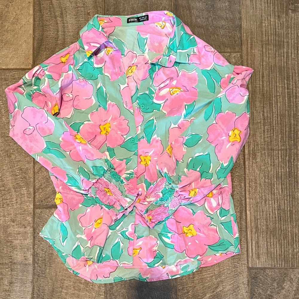 Zara Pink and Green Floral Button Down Shirt